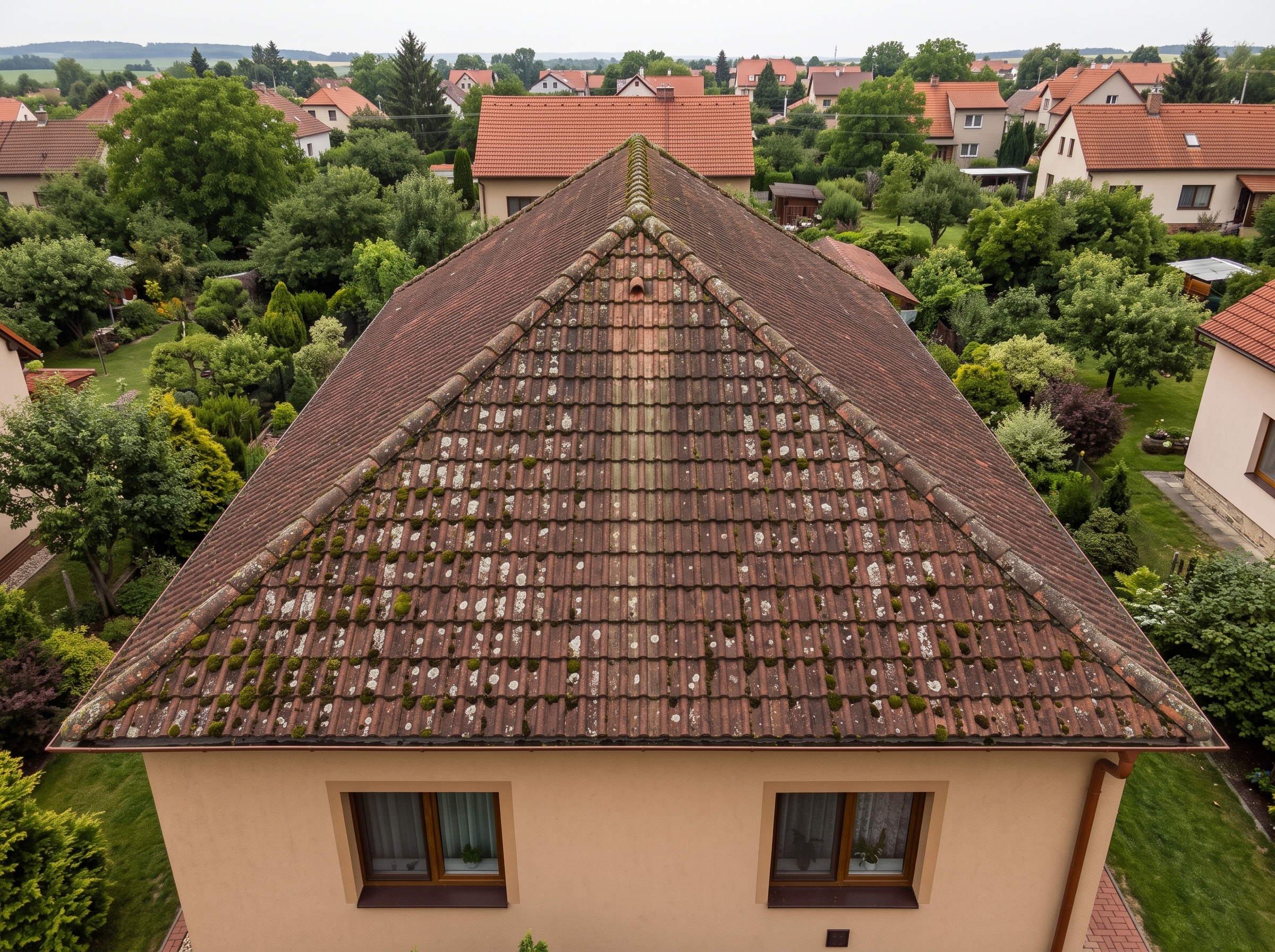 Čištění střechy rodinného domu — stav před